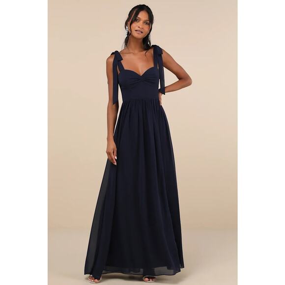 Lulus Radiant Charisma Navy Chiffon Ruched Tie-Strap Maxi Dress Bridesmaid Sz M - Picture 1 of 6